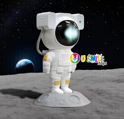 Cute astronaut-themed kids night lamp standing on a moon surface base, with a glowing helmet light and space background. Ideal for children’s bedrooms, this decorative lamp adds a fun outer space vibe. Available at U Smile Toys—perfect gift for little space explorers and kids room decor.