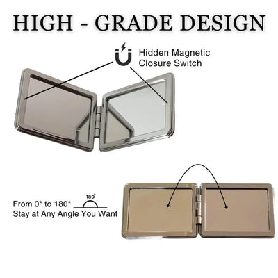 Compact mirror with hidden magnetic closure switch labeled on a white background