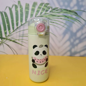 Bottle with panda design and 'NICE' text on a yellow and blue background