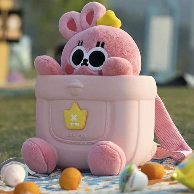 Adorable pink cartoon rabbit EVA backpack for kids, designed for outdoor picnics and travel, featuring a cute bunny face and ears sticking out, perfect for young adventurers from Usmile Toys.www.usmile.com