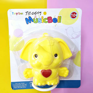Yellow elephant-shaped musical cradle bell toy with a red heart, packaged for babies. This hanging toy produces sweet sounds, perfect for entertaining infants in cribs, strollers, or playpens, promoting auditory development. www.usmile.com