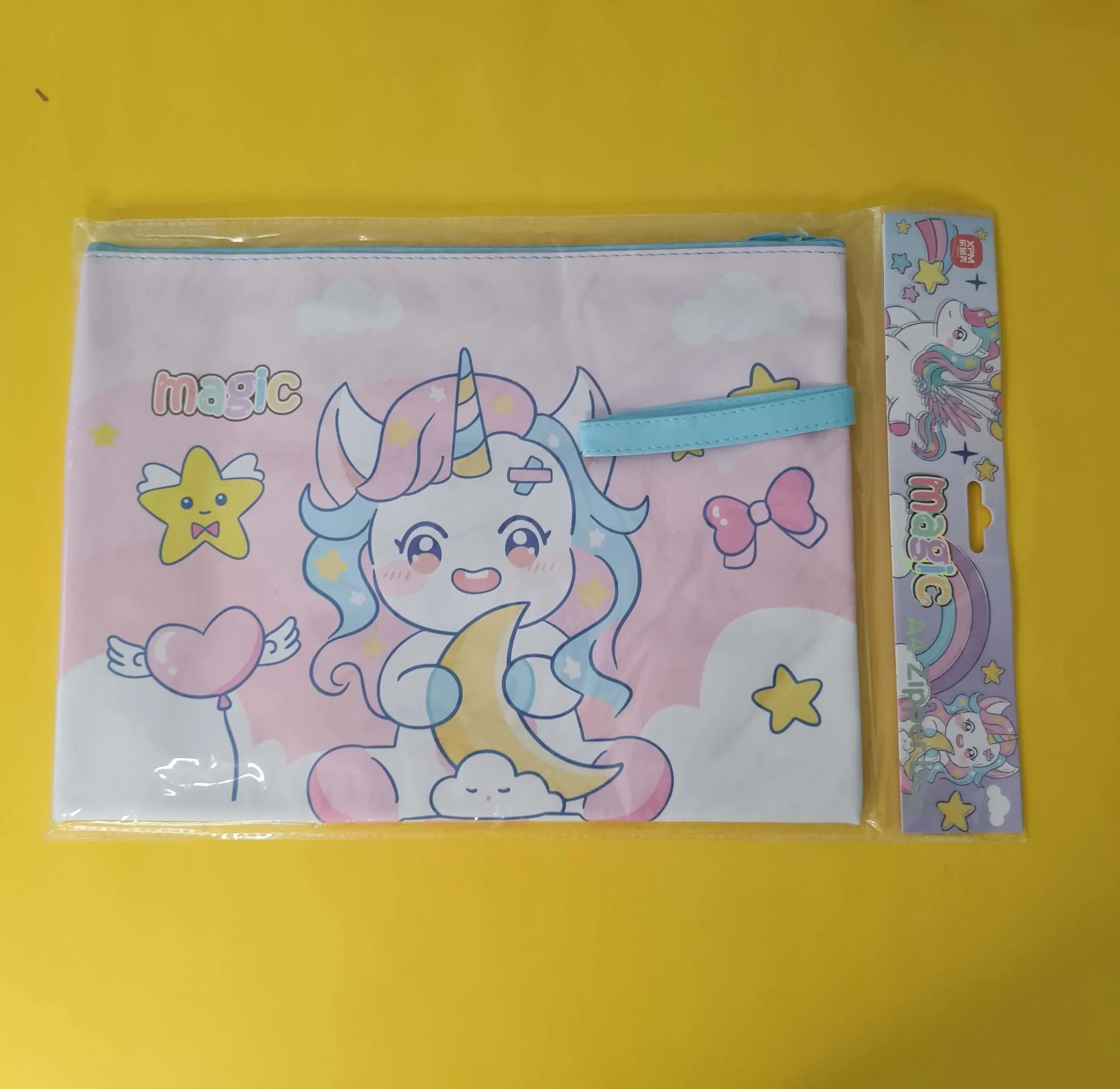 Unicorn-themed pouch with a colorful design on a yellow background