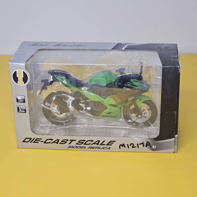 Front view of a bright green die-cast Kawasaki Ninja sports bike toy, showcasing its realistic design and working LED headlights, perfect for kids' playtime from Usmile Toys.www.usmile.toys