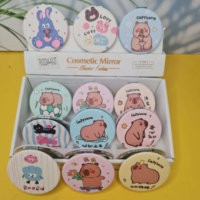 Set of cartoon-themed cosmetic mirrors in a box on a yellow background