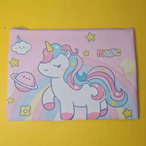 Pink pouch with a unicorn design on a yellow background