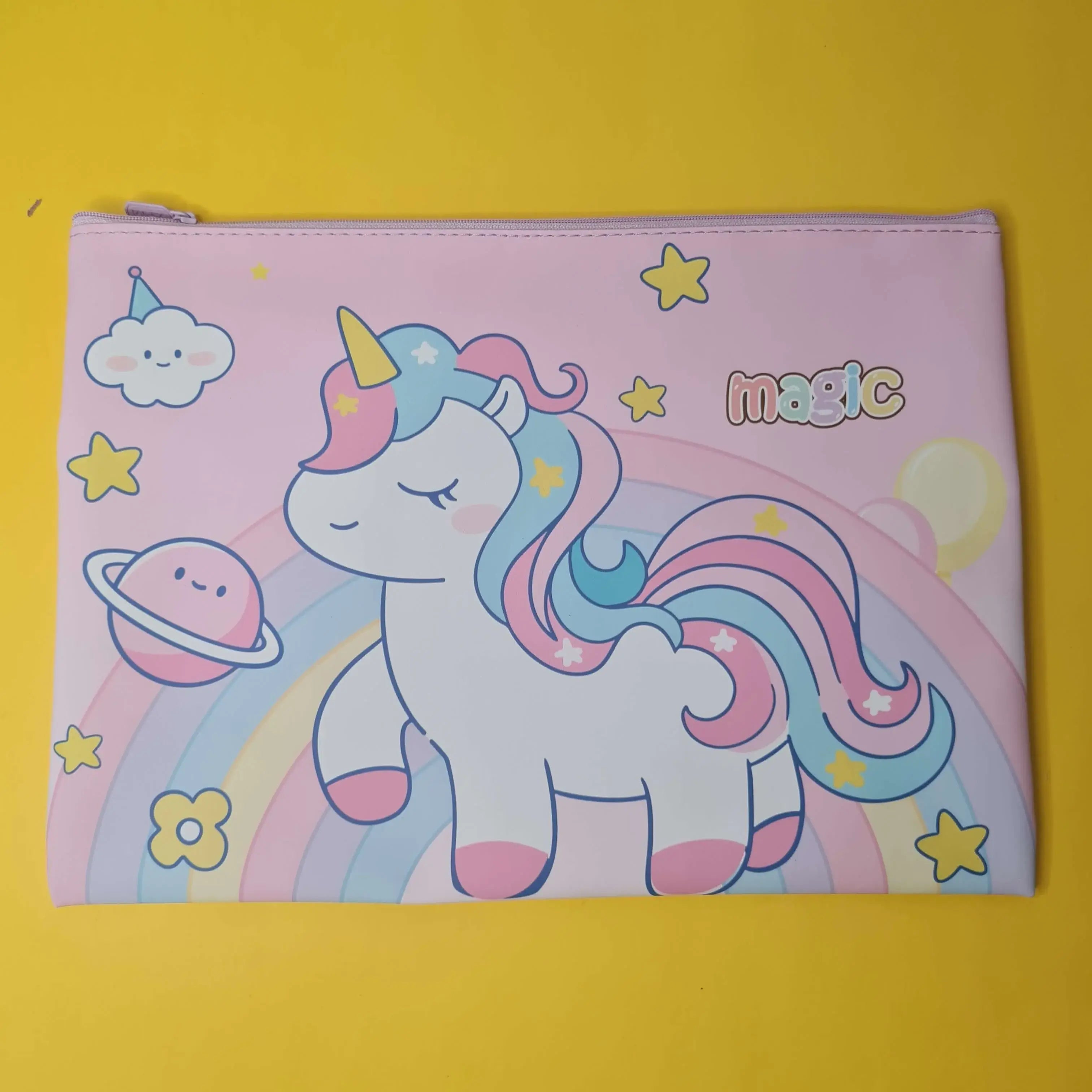 Pink pouch with a unicorn design on a yellow background