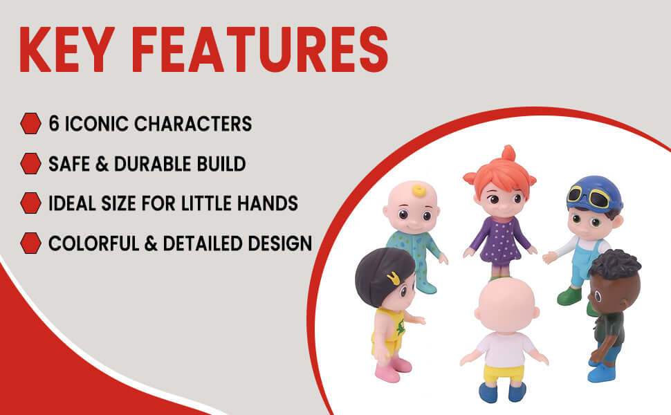 Toy figures with key features listed on a red and white background