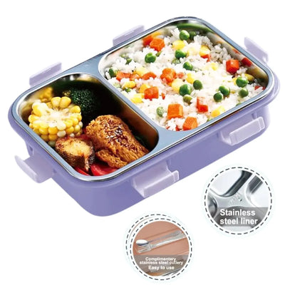 Stackable 2-compartment SS bento lunch boxes with leak-proof lids in purple and peach, suitable for school, office, or daily use. www.usmile.toys