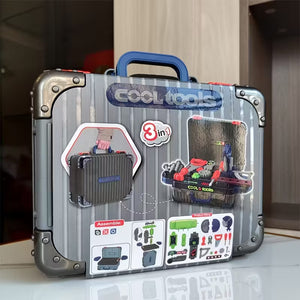 3-in-1 Boys' Pretend Repair Tool Kit Set, Kids' Storage Tool Table; Boys' Toys; Kids' Day, Easter, Christmas, Halloween Holiday Gifts, Birthday Party Gifts Toy toolbox set with 'Cool Tools' branding on a reflective surface.