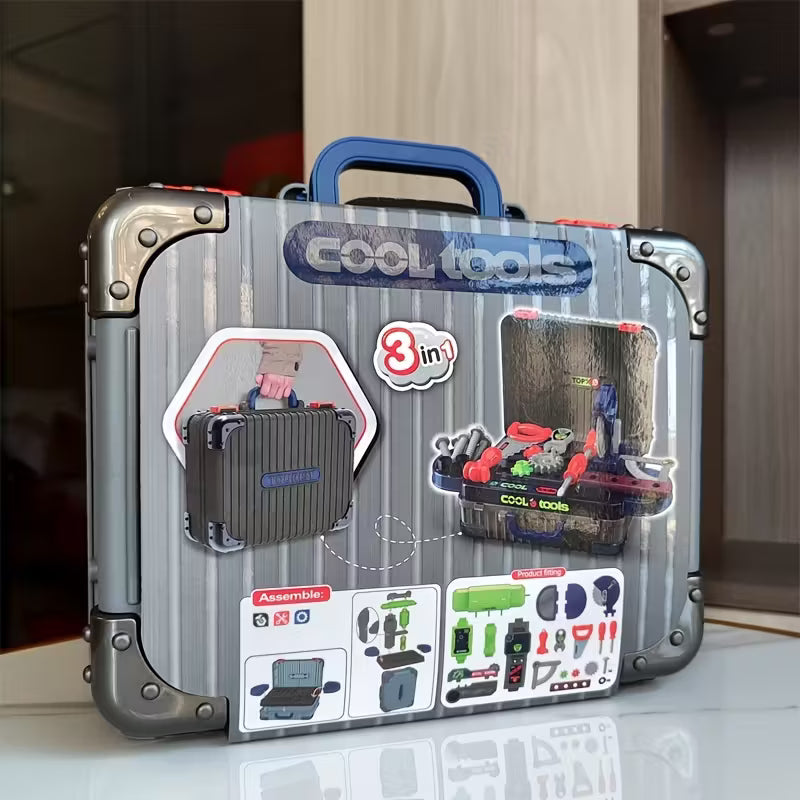 3-in-1 Boys' Pretend Repair Tool Kit Set, Kids' Storage Tool Table; Boys' Toys; Kids' Day, Easter, Christmas, Halloween Holiday Gifts, Birthday Party Gifts Toy toolbox set with 'Cool Tools' branding on a reflective surface.