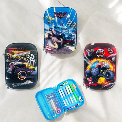Red and black silicone pencil case for boys with a prominent 3D monster truck print engulfed in flames and lightning, featuring wheels and engine designs. Ideal for school stationery from uSmile.toys." www.usmile.toys