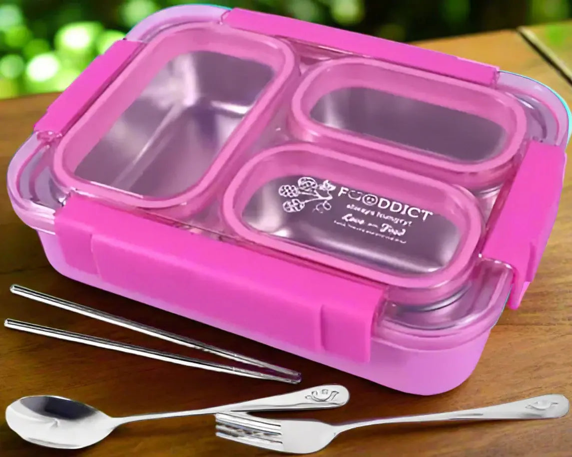 Stainless Steel Lunch Box - 3 Compartment SS Leak Proof