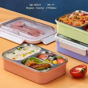 Collection of three-compartment stainless steel lunch boxes for kids and adults, with colorful outer shells (pink, green, purple) and secure clip closures. One box is open, revealing rice, curry, and fruit. Ideal for meal prep and school lunches from uSmile.toys." www.usmile.toys