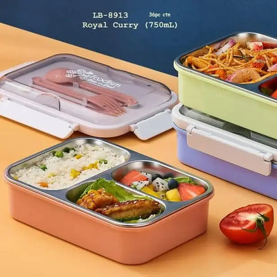 Collection of three-compartment stainless steel lunch boxes for kids and adults, with colorful outer shells (pink, green, purple) and secure clip closures. One box is open, revealing rice, curry, and fruit. Ideal for meal prep and school lunches from uSmile.toys." www.usmile.toys
