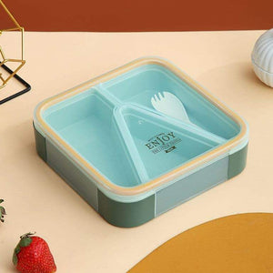 Stackable square bento lunch boxes with three compartments, available in pink, blue, and green, suitable for school, office, or daily use. www.usmile.toys
