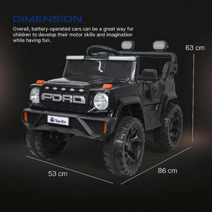 Black toy car with Ford logo and dimensions on a dark background www.usmile.toys_4x4_jeep_for_kids_1_to_6_years_-_Electric_Car_toy_ride_on01
