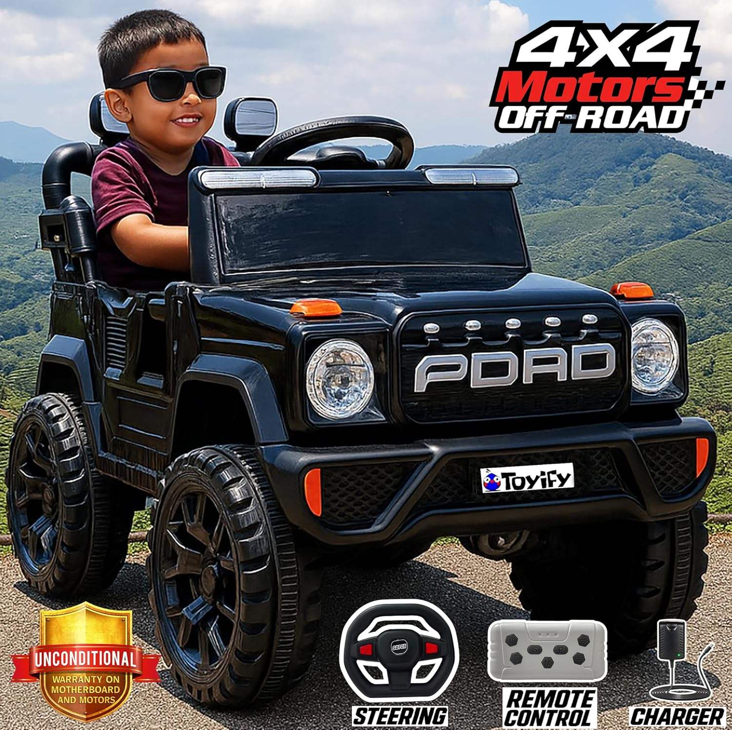 www.usmile.toys_4x4_jeep_for_kids_1_to_6_years_-_Electric_Car_toy_ride_on01 Child in a toy 4x4 vehicle with mountains in the background, featuring Tovvity branding.