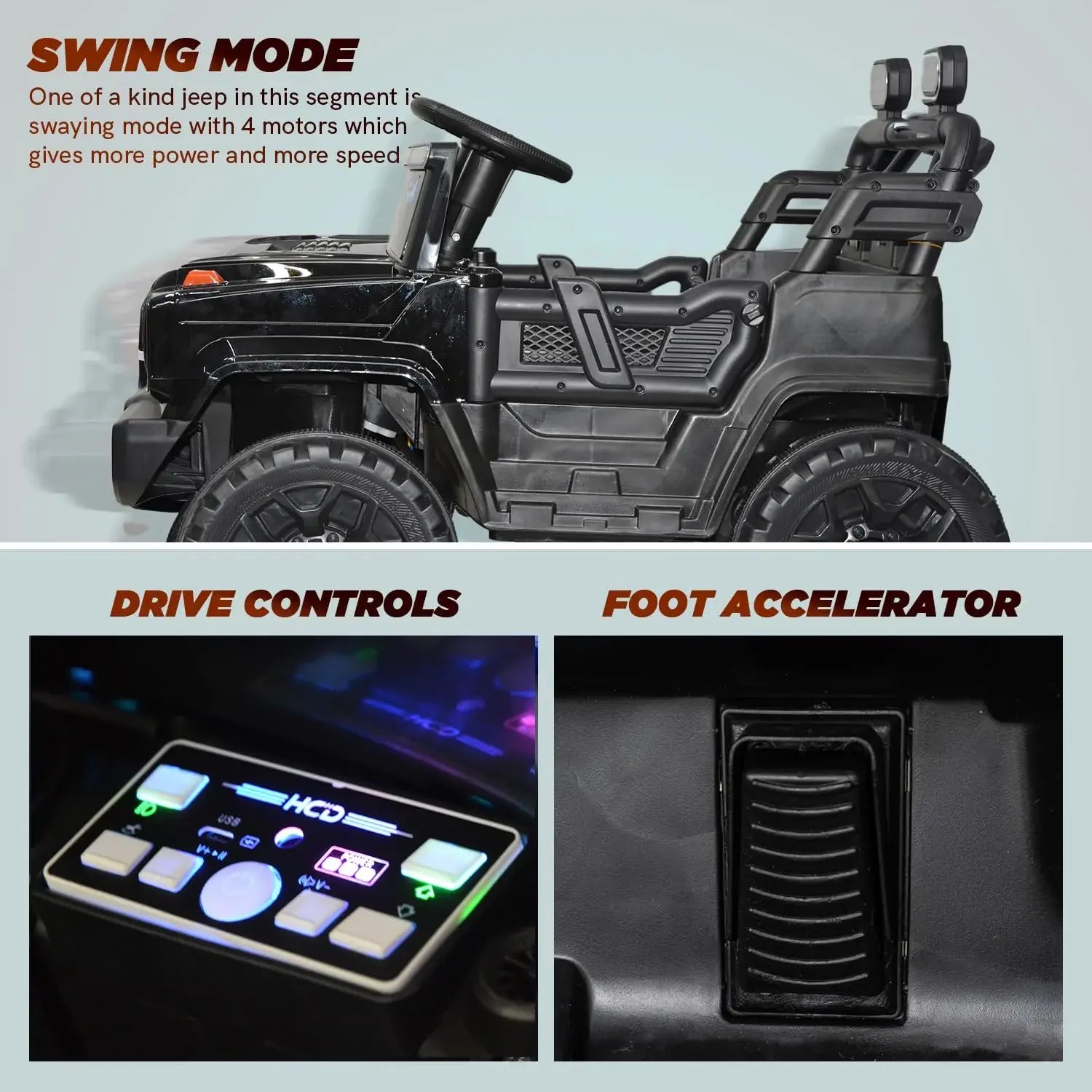 www.usmile.toys_4x4_jeep_for_kids_1_to_6_years_-_Electric_Car_toy_ride_on01 Toy jeep with drive controls and foot accelerator on a light gray background