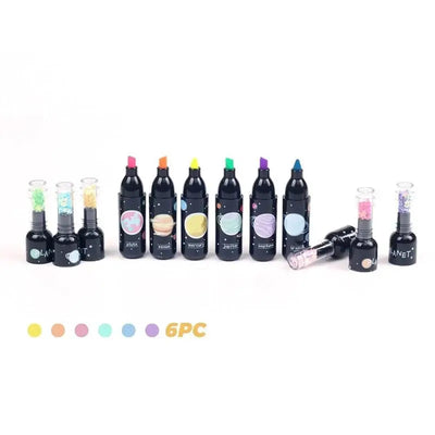 Novelty highlighter set for children featuring a unique planet bottle design with sparkling glitter caps, comes in a pack of six vibrant colours, available in www.usmile.toys
