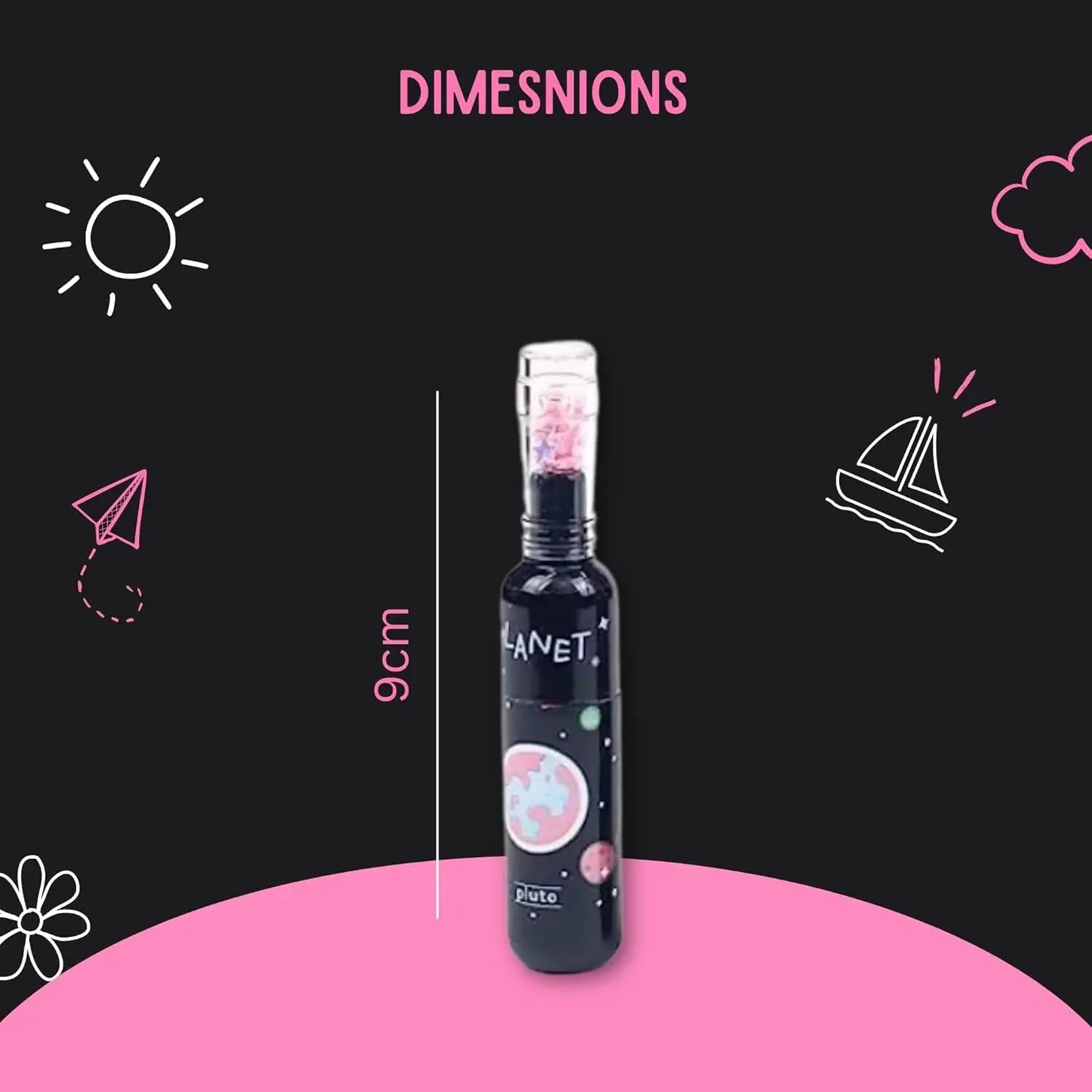 Set of six cute space-themed highlighter pens for kids, shaped like planets in bottles with glitter tops, perfect for school in www.usmile.toys
