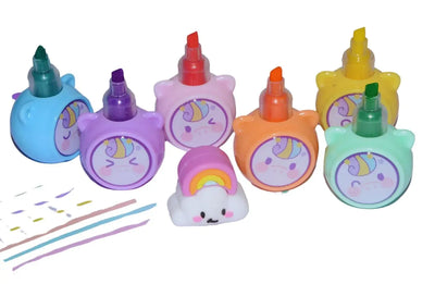 Novelty 6-in-1 pastel highlighter set for children featuring stackable cartoon animal caps, comes in a pack of six soft colours, available in www.usmile.toys.
