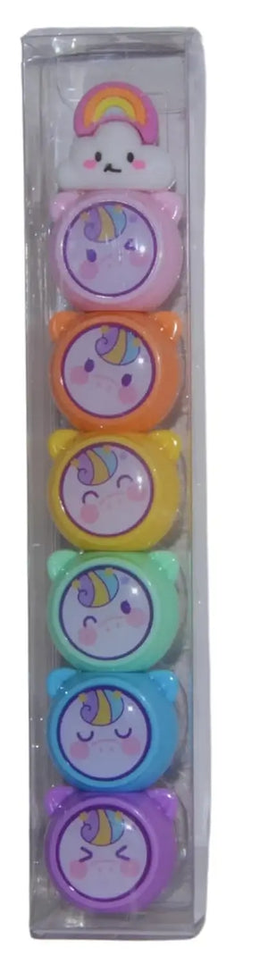 Novelty 6-in-1 pastel highlighter set for children featuring stackable cartoon animal caps, comes in a pack of six soft colours, available in www.usmile.toys.

