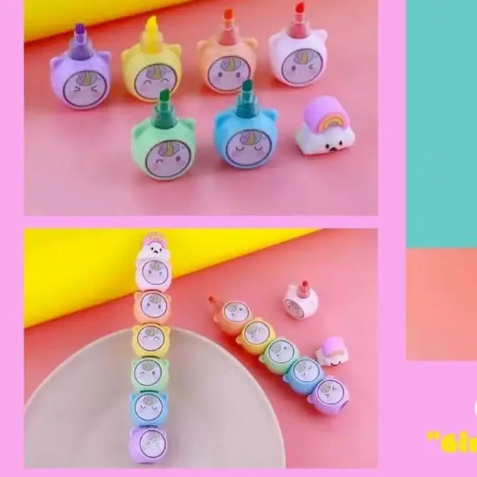 Set of six pastel colour highlighter pens for kids, each with a cute cartoon character design cap, perfect for school and creative work in www.usmile.toys