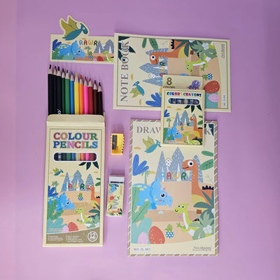 Dinosaur Themed Art Set for Children: Features color pencils, crayons, notebook, drawing book, sharpener, and fun dinosaur stickers. Kids' creative stationery.

www.usmile.toys