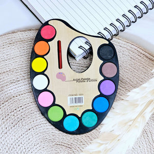 Wooden artist palette watercolor set with 12 vibrant colors and a small brush, ideal for kids' art and painting projects, shown on a textured mat by Usmile Toys.www.usmile.toys