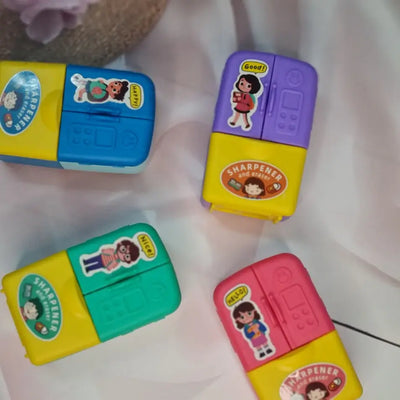 Usmile Toys fun school supplies: a collection of colorful mini fridge-shaped sharpeners with 'SHARPENER' text and sweet cartoon figures." www.usmile.toys 