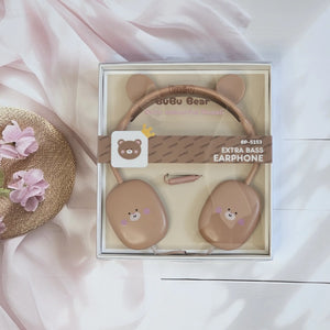 ute Rabbit wired headphones with bear face design on earcups, in a soft pink color, displayed on a white surface.           www.usmile.toys