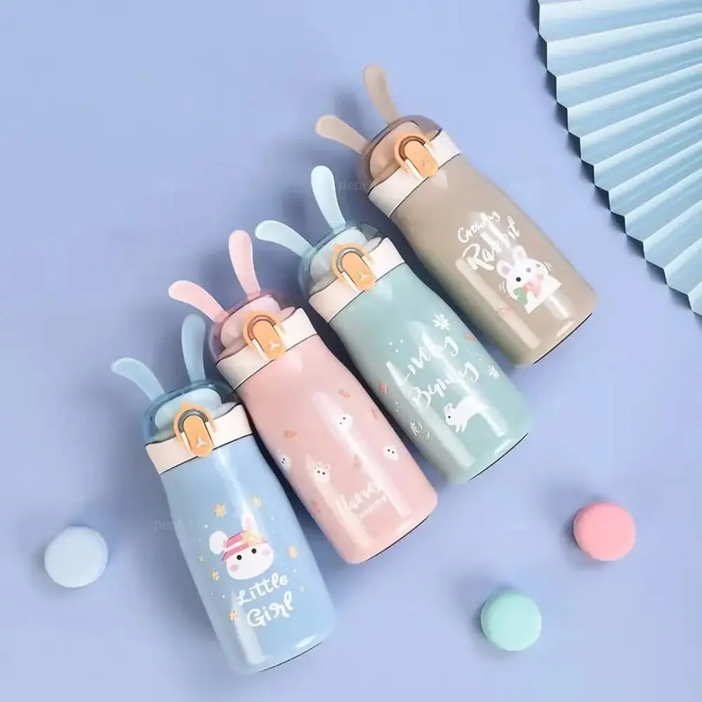 U Smile Toys insulated bunny water bottles for children, featuring adorable bunny ears and vibrant cartoon characters. www.usmile.toys