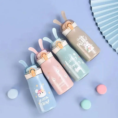 U Smile Toys insulated bunny water bottles for children, featuring adorable bunny ears and vibrant cartoon characters. www.usmile.toys
