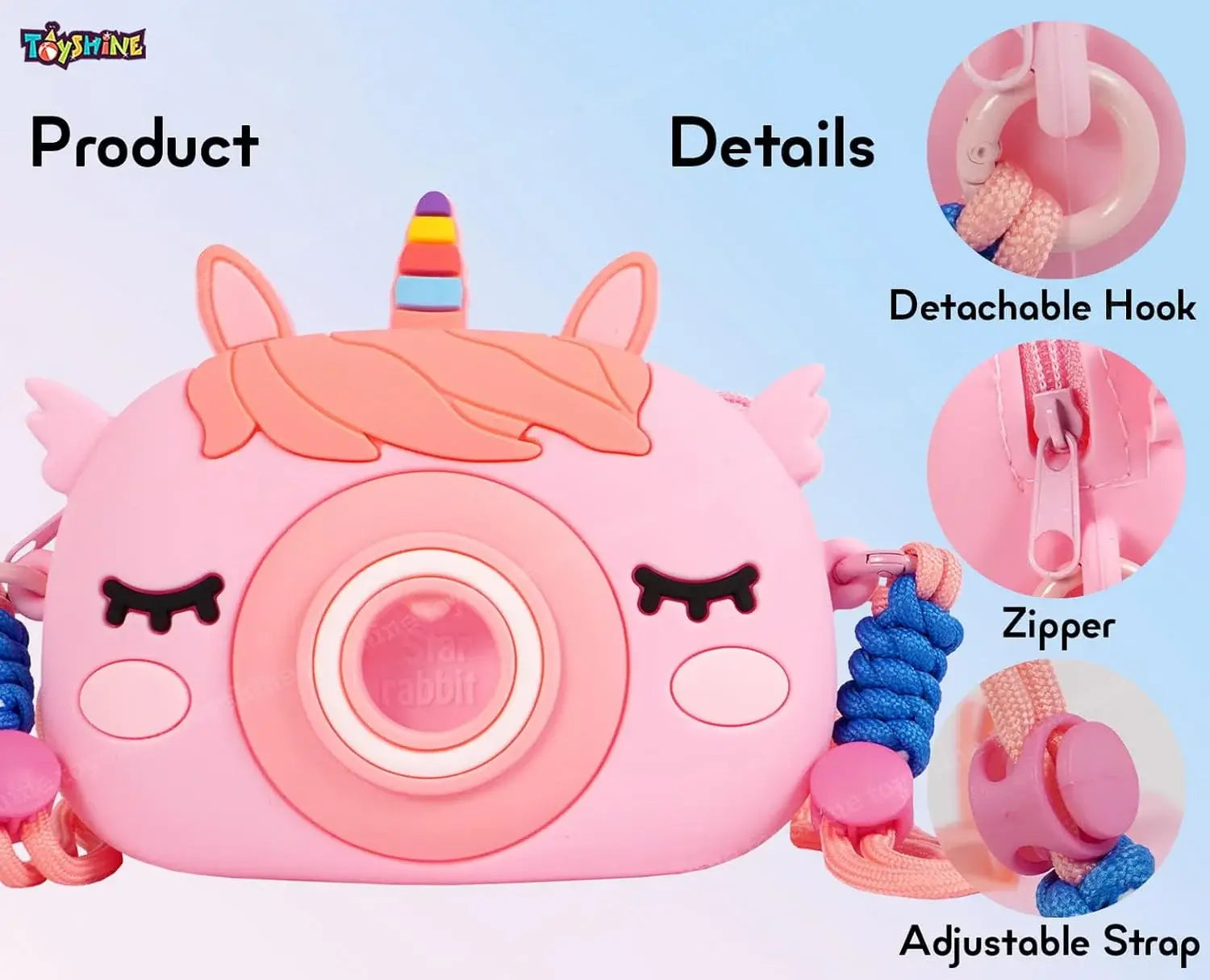 "Usmile Toys Kids' pink camera-shaped silicone bag featuring a unicorn horn and ears, displayed with matching unicorn comb and keychains." www.usmile.toys