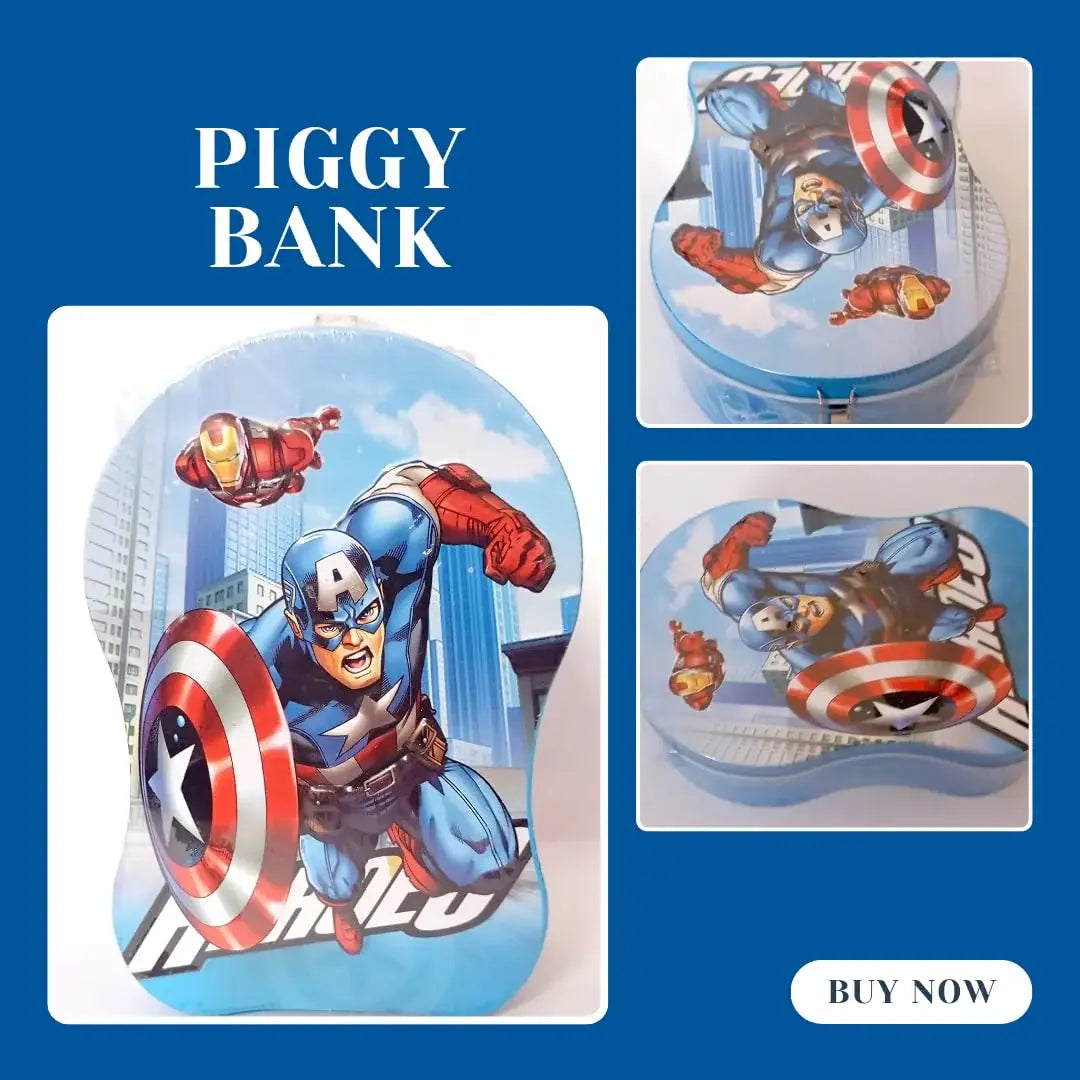 Captain America metal money box with a lock and key for kids, a secure and fun way to save coins featuring the Avengers, available in www.usmile.toys