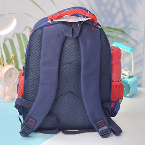 Vibrant blue children's backpack featuring large Iron Man and Thor graphics, with a red trim and side mesh pocket, perfect for kids by Usmile Toys." www.usmile.toys