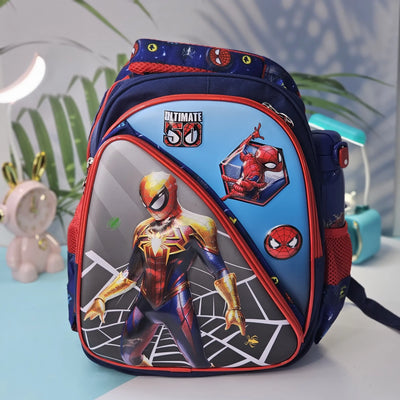 Front view of an Usmile Toys superhero backpack for kids, displaying detailed illustrations of Iron Man and other Avengers characters, suitable for school or travel." www.usmile.toys