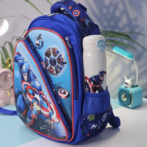 Front view of an Usmile Toys superhero backpack for kids, displaying detailed illustrations of Iron Man and other Avengers characters, suitable for school or travel." www.usmile.toys