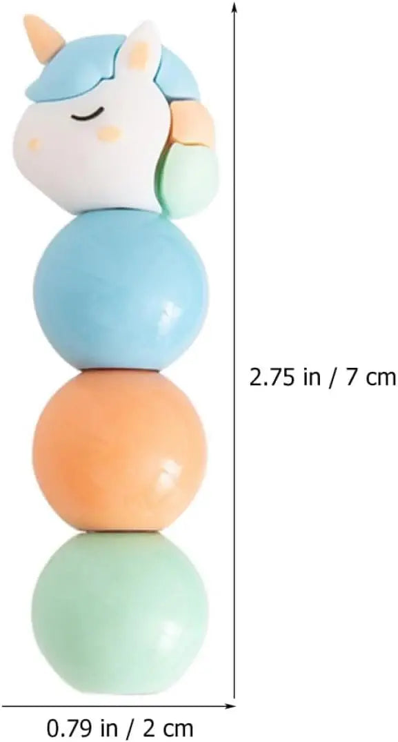 Mini highlighters shaped like unicorns with round ball segments, showing three different color combinations."  www.usmile.toys