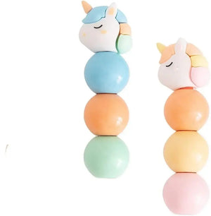 "Close-up of unicorn-shaped mini highlighters, highlighting the unicorn head design and round ball segments in pastel colors, with three different color combinations shown. www.usmile.toys
