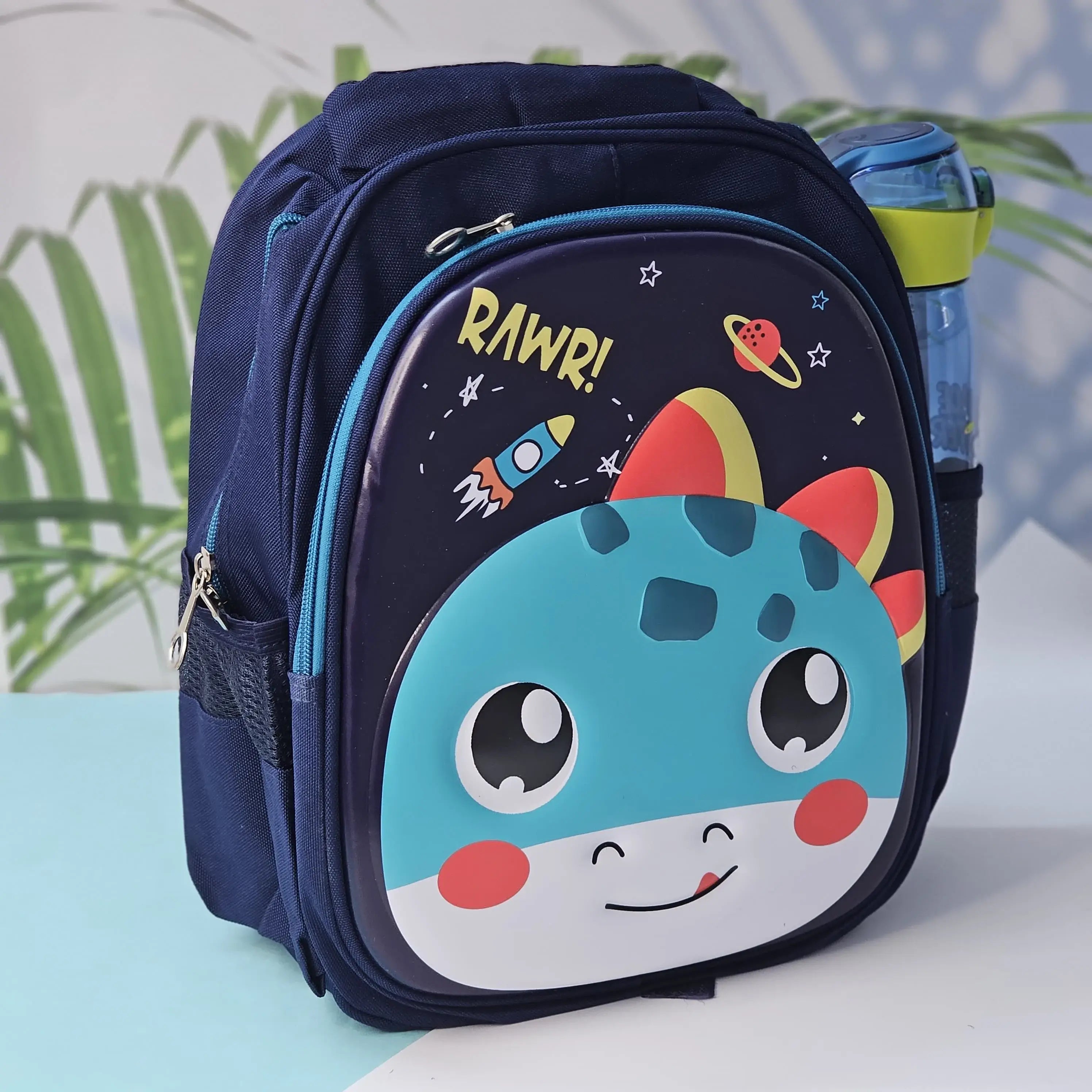 "Close-up of a Usmile Toys children's cartoon school backpack, designed in pink with a playful unicorn character on the front panel, and a matching pink water bottle in the side mesh pocket."