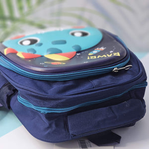 "Close-up of a Usmile Toys children's cartoon school backpack, designed in pink with a playful unicorn character on the front panel, and a matching pink water bottle in the side mesh pocket."