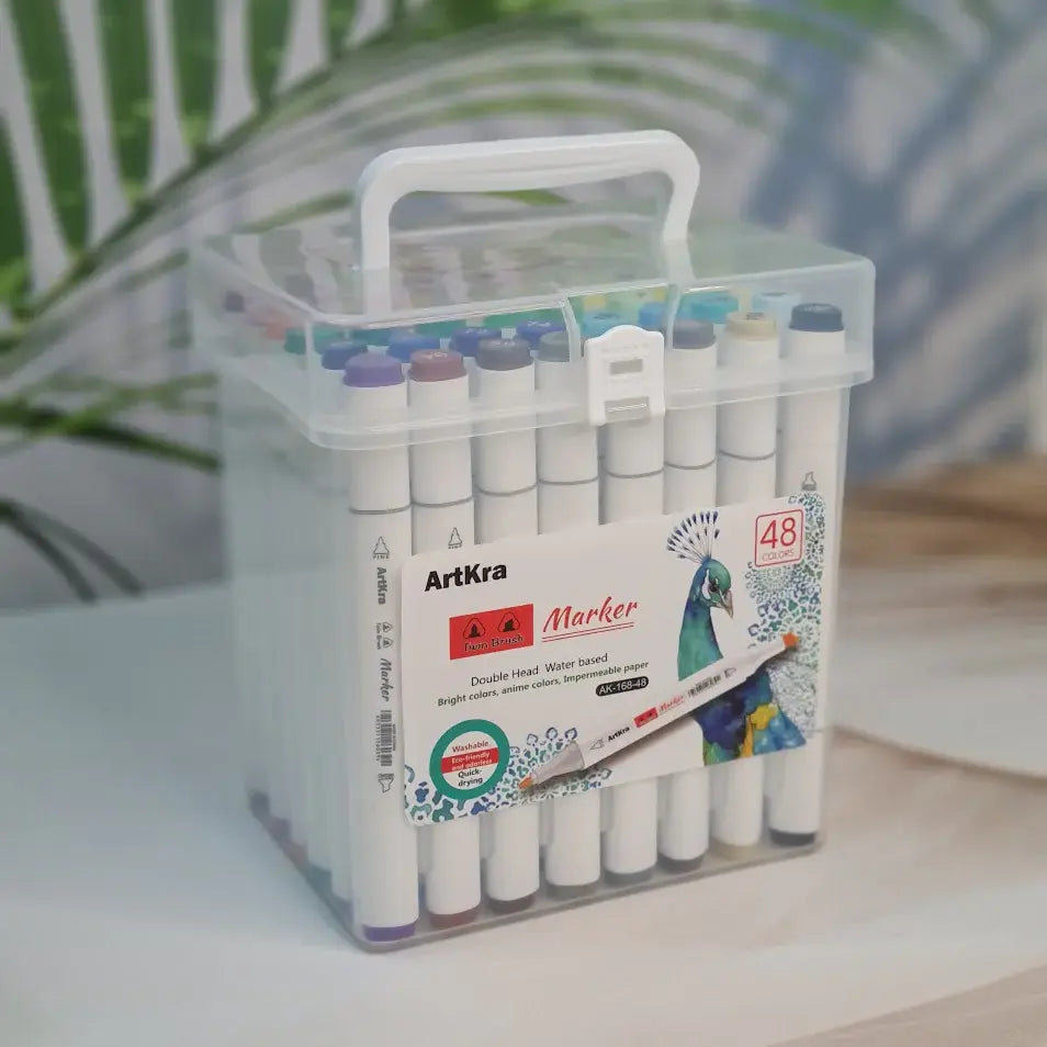 Clear plastic case containing a 48-piece ArtKra Color Highlighter Marker Pen set by Usmile Toys, with double-head, water-based markers." www.smile.toys