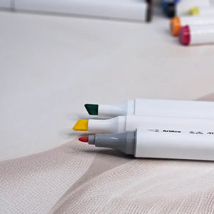 Front view of the Usmile Toys 'ArtKra Marker' 48-piece set, showcasing numerous colorful marker pens neatly arranged in a portable clear case with a handle."
