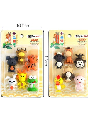 Two packages of cartoon animal figurines with measurements on a white background