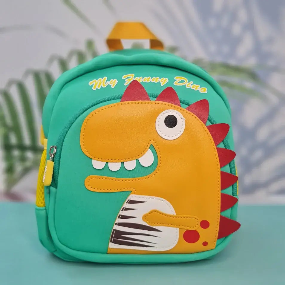 Teal children's backpack with an orange dinosaur applique and "My Funny Dino" text.