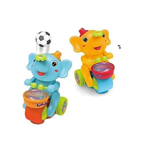 Blue elephant musician toy by Usmile Toys, riding a scooter and balancing a soccer ball on its trunk, with its product box in the background." www.usmile.toys