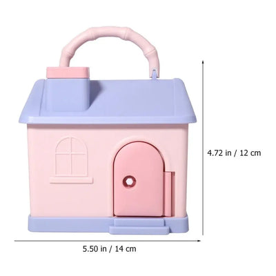 Pink and blue house money bank with lock and key for kids, designed as a cute piggy bank to teach saving, includes 3D stickers for personalization. Ideal for U SMILE TOYS customers. www.usmile.toys