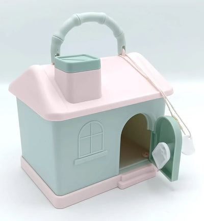 Kids' house money bank with lock, key, and 3D sticker compatibility, in pastel pink and blue.www.usmile.toys
