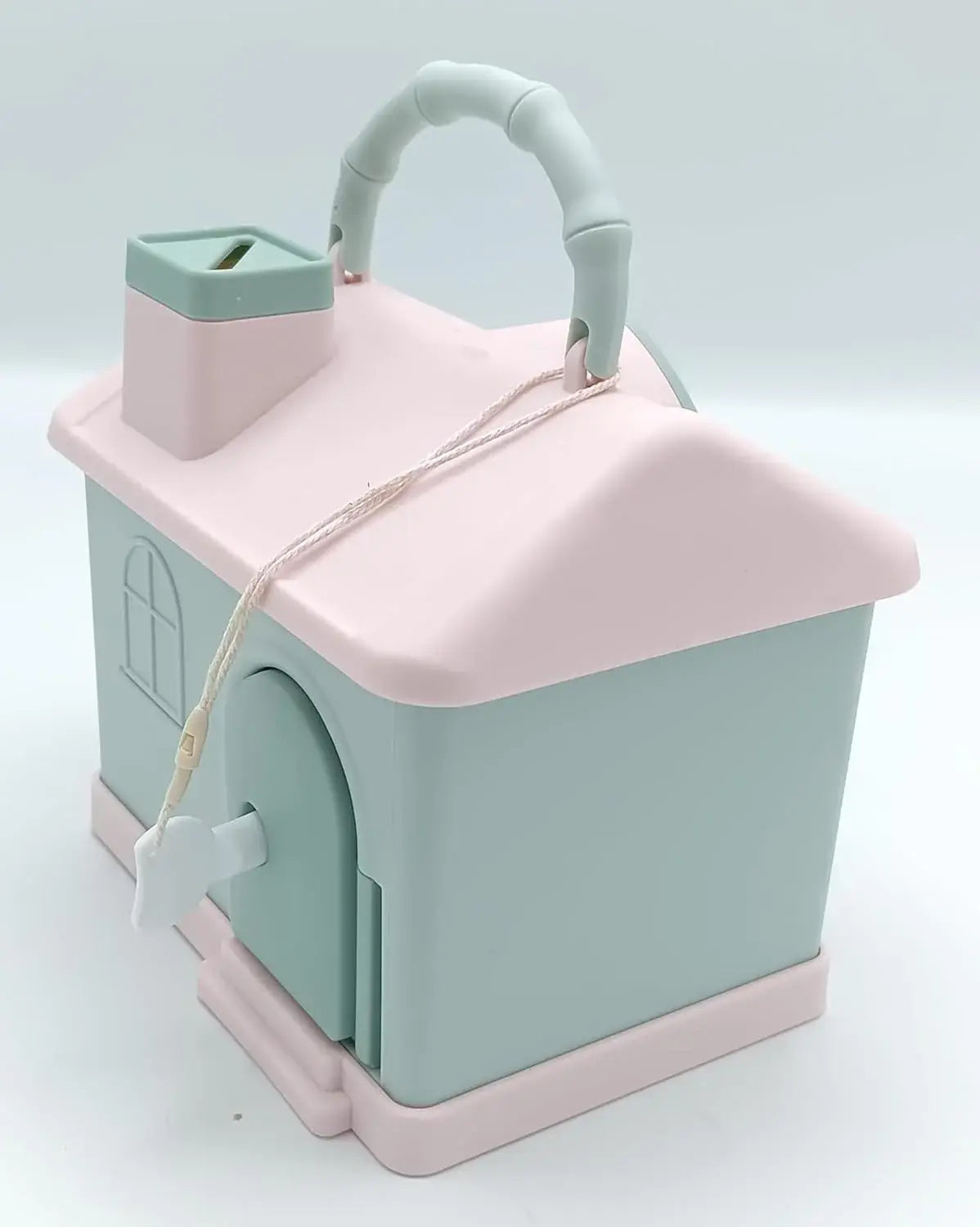 Kids' house money bank with lock, key, and 3D sticker compatibility, in pastel pink and blue. www.usmile.toys